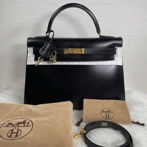Hermès Kelly 32 Box Calf Noir Handbag Authentic